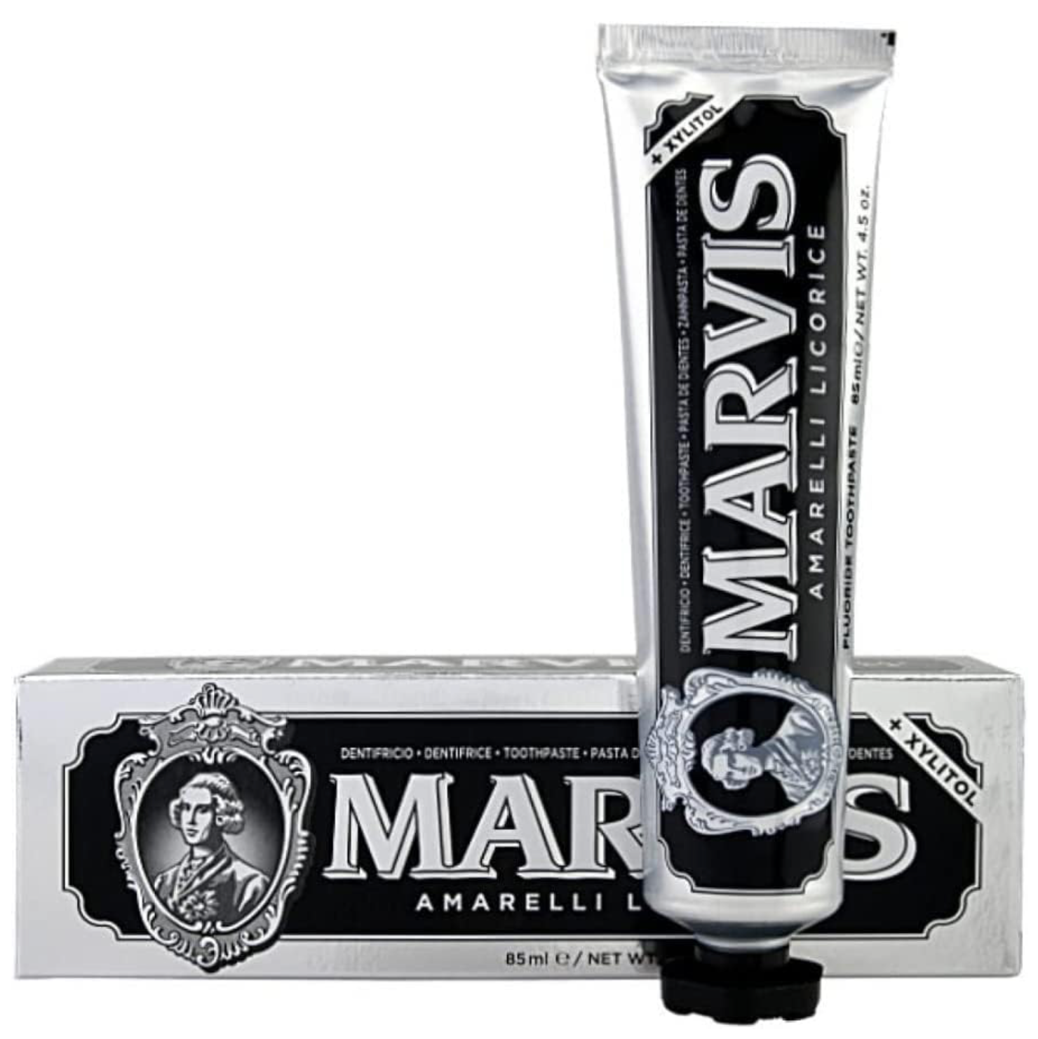 Marvis - Pasta de dientes Amarelli Licorice 85 ml tipo blanqueadora con flúor y xilitol para prevención de caries, fórmula vegana sin conservantes y textura sedosa ideal para cuidado bucal diario