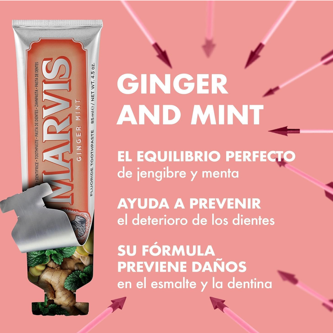 Marvis (3 UNIDADES)  Pasta de dientes Ginger Mint 85 ml para cuidado bucal avanzado, con flúor y xilitol anticaries, fórmula vegana sin conservantes y textura cremosa refrescante