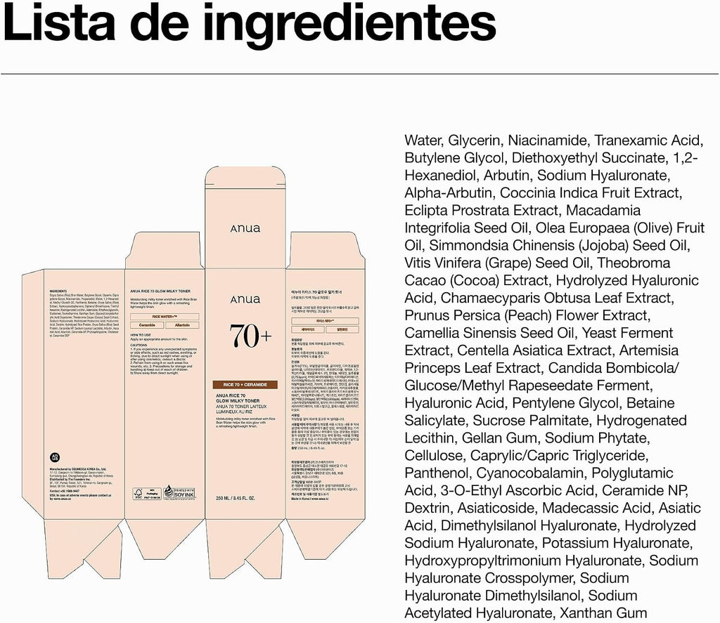 Anua - Tónico facial Rice 70+ Ceramide Milk Toner 250