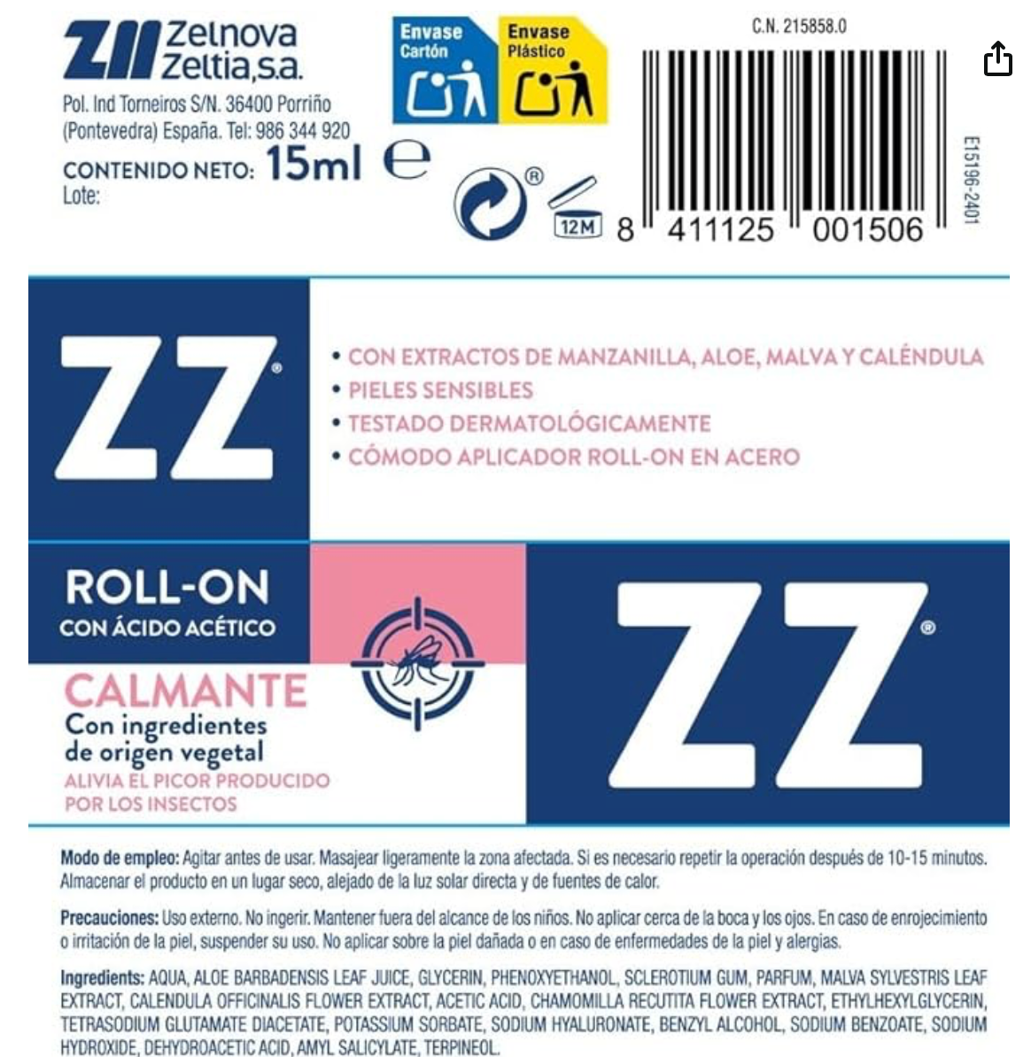 ZZ ROLL-ON CALMANTE PICADURAS 15ML - Alivio para picaduras de insectos - Cuidado de la piel
