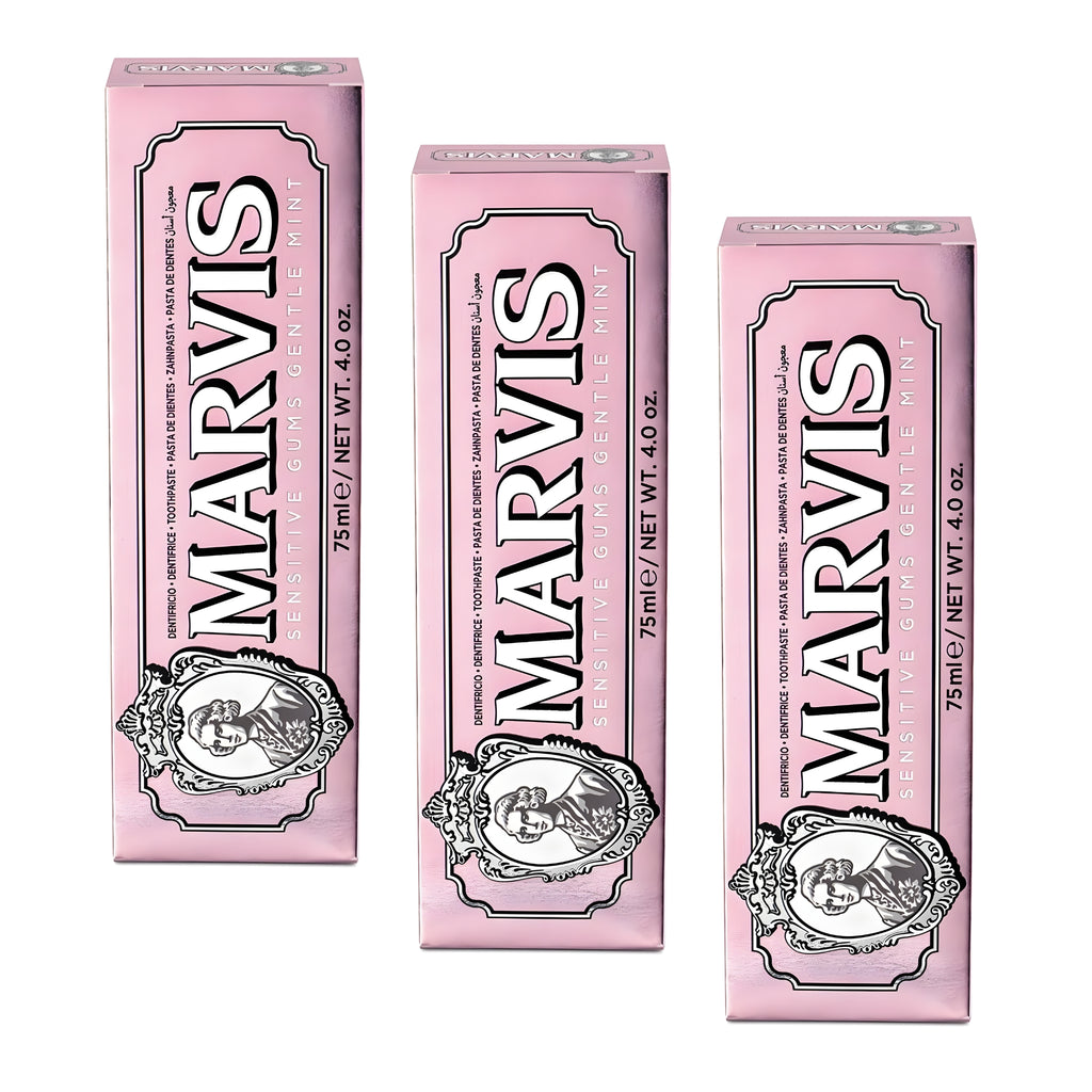 Marvis ( 3 UNIDADES) Pasta de dientes Sensitive 75 ml con ácido hialurónico y prebióticos para encías sensibles, frescura acuática de hierbabuena y menta, fórmula vegana sin conservantes ni daño al esmalte