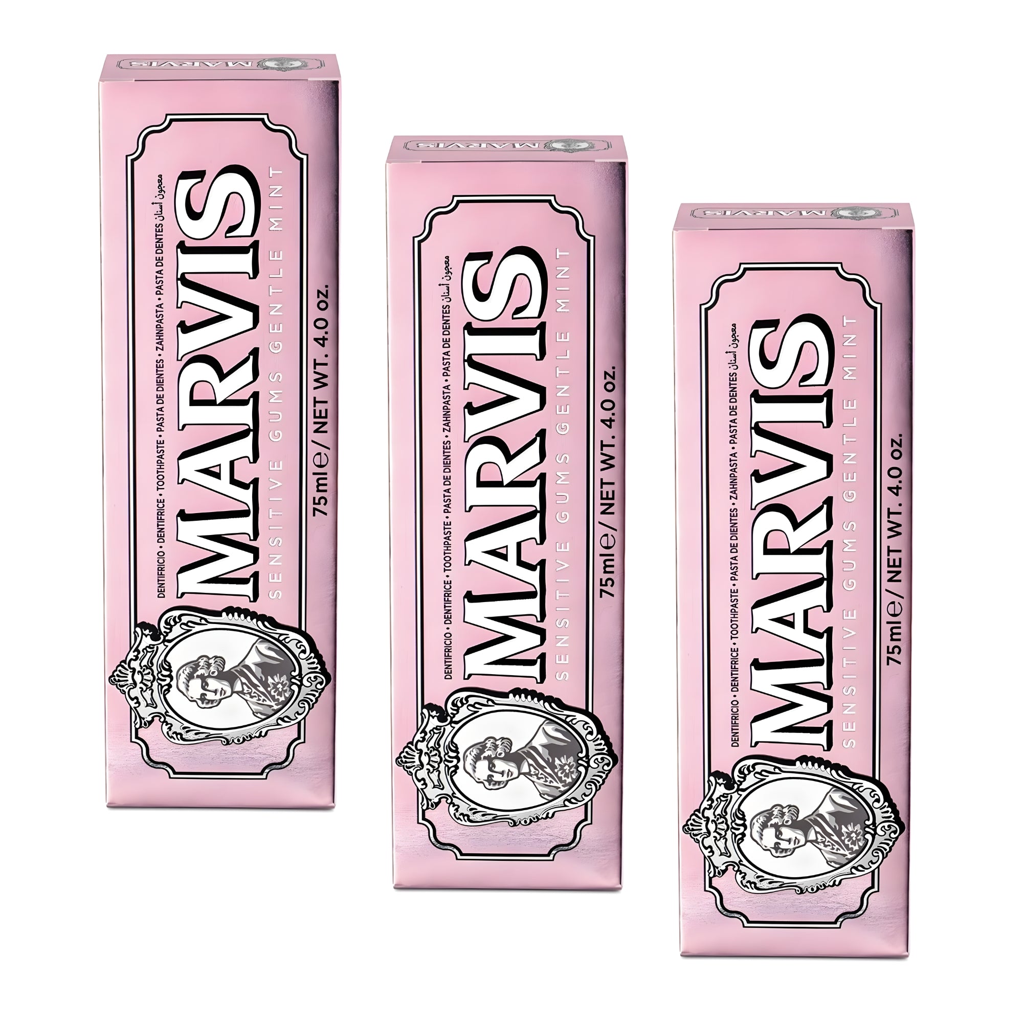 Marvis ( 3 UNIDADES) Pasta de dientes Sensitive 75 ml con ácido hialurónico y prebióticos para encías sensibles, frescura acuática de hierbabuena y menta, fórmula vegana sin conservantes ni daño al esmalte
