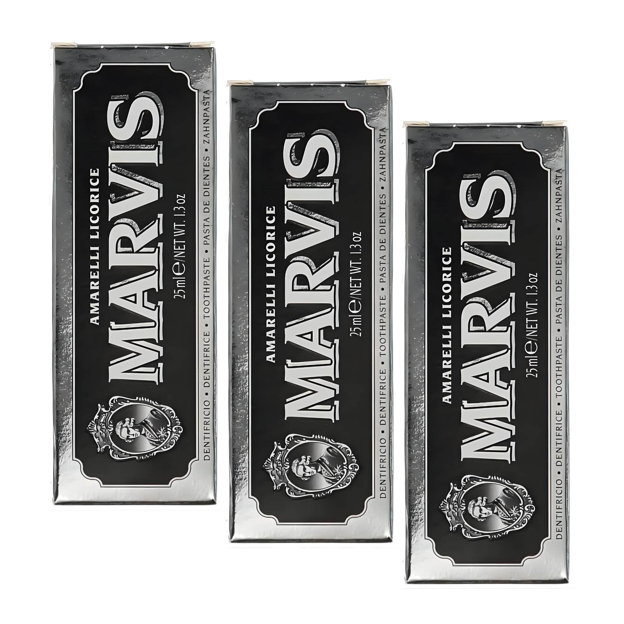 Marvis  ( 3 UNIDADES ) Pasta de dientes Amarelli Licorice 85 ml tipo blanqueadora con flúor y xilitol para prevención de caries, fórmula vegana sin conservantes y textura sedosa ideal para cuidado bucal diario