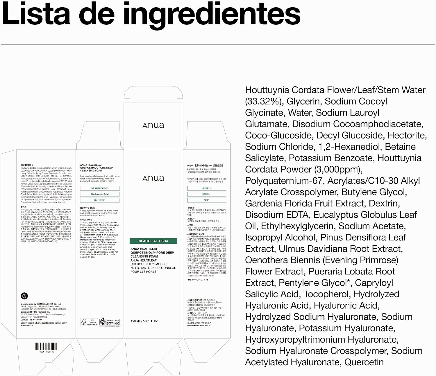 Anua - Limpiador facial espumoso Heartleaf Quercetinol Pore Deep Cleansing Foam 150 ml