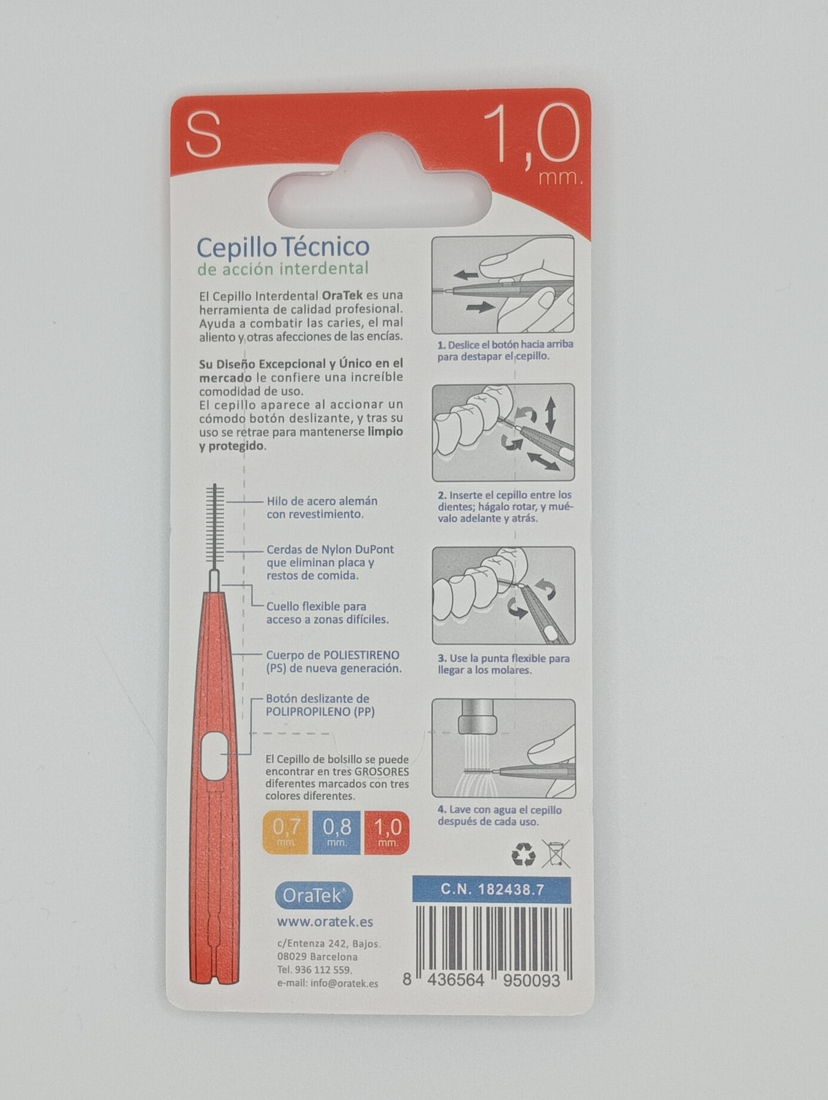 CEPILLO INTERDENTAL RETRACTIL, 1,0 mm, 8 unidades, Oratek - Para una higiene bucal precisa - BLISTER