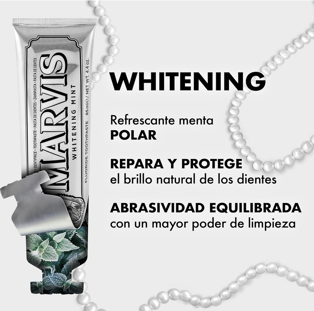 Marvis ( 3  UNIDADES)  Pasta de dientes Whitening Mint 85 ml para blanqueamiento dental profesional, con sílice equilibrada y flúor, fórmula vegana sin conservantes, sabor a menta fresca duradera