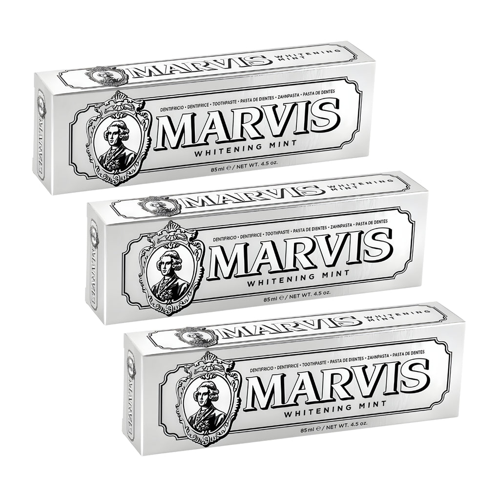 Marvis ( 3  UNIDADES)  Pasta de dientes Whitening Mint 85 ml para blanqueamiento dental profesional, con sílice equilibrada y flúor, fórmula vegana sin conservantes, sabor a menta fresca duradera