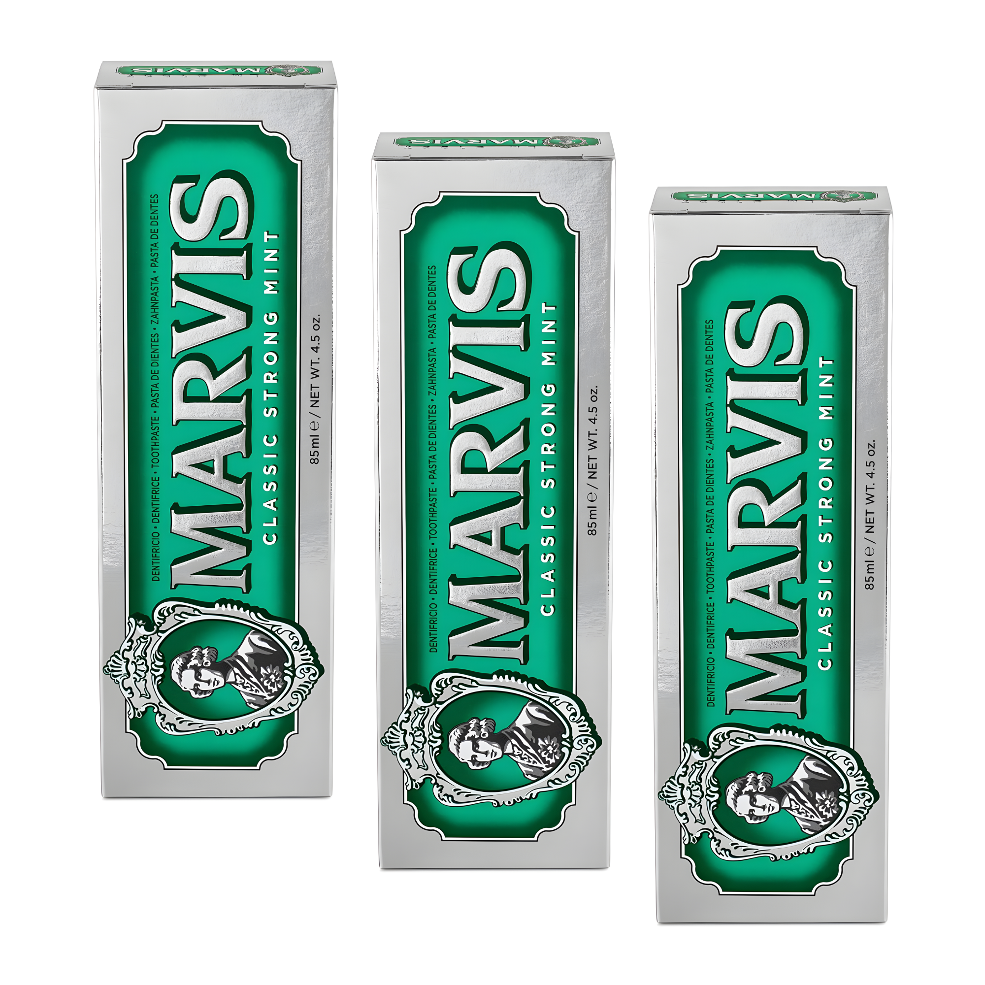 Marvis (3 UNIDADES) Pasta de dientes Classic Strong Mint 85 ml para cuidado bucal intensivo con menta piperita pura, frescor ártico duradero y protección contra caries con flúor + xilitol