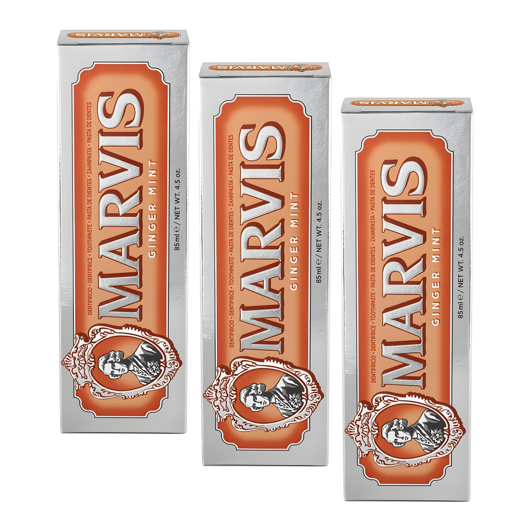 Marvis (3 UNIDADES)  Pasta de dientes Ginger Mint 85 ml para cuidado bucal avanzado, con flúor y xilitol anticaries, fórmula vegana sin conservantes y textura cremosa refrescante