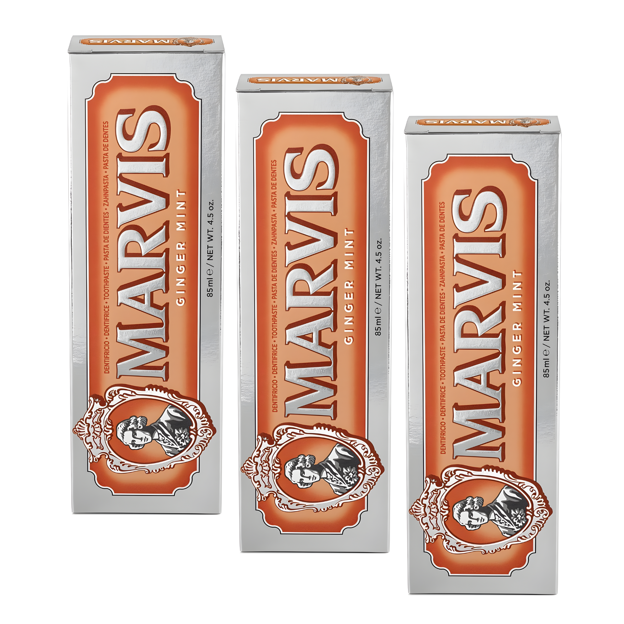 Marvis (3 UNIDADES)  Pasta de dientes Ginger Mint 85 ml para cuidado bucal avanzado, con flúor y xilitol anticaries, fórmula vegana sin conservantes y textura cremosa refrescante
