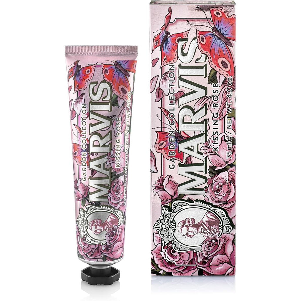 MARVIS - Pasta de dientes Kissing Rose para mujer, perfume oral sublime con aroma floral-frutal de rosa búlgara y toque refrescante de menta, perfecta para quienes buscan fragancias femeninas sofisticadas y únicas