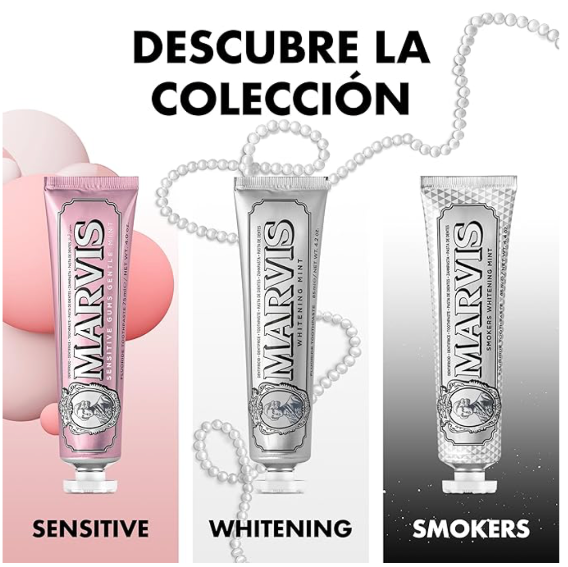 Marvis ( 3 UNIDADES) Pasta de dientes Sensitive 75 ml con ácido hialurónico y prebióticos para encías sensibles, frescura acuática de hierbabuena y menta, fórmula vegana sin conservantes ni daño al esmalte
