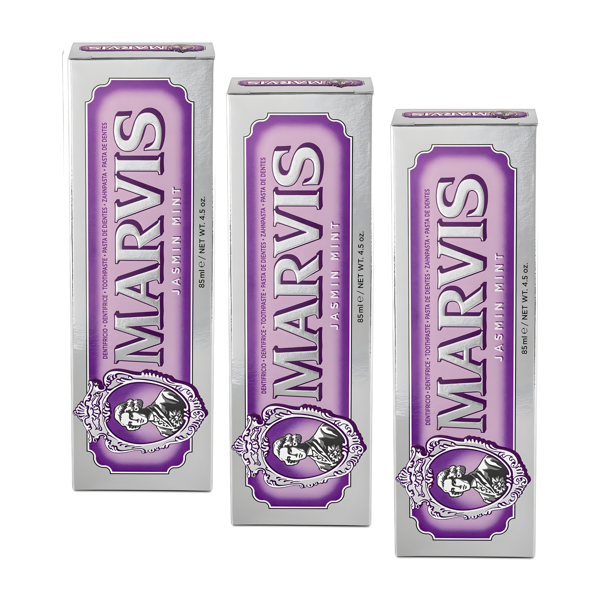 Marvis ( 3 UNIDADES ) Pasta de dientes Jasmine Mint 85 ml para cuidado bucal premium con flúor y xilitol, fórmula vegana sin conservantes, clínicamente probada para dientes y encías saludables