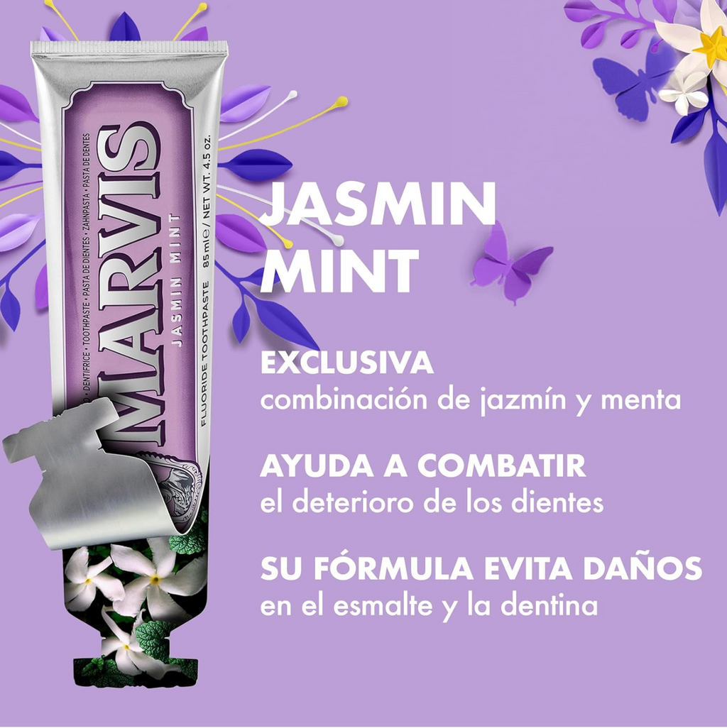 Marvis - Pasta de dientes Jasmine Mint 85 ml para cuidado bucal premium con flúor y xilitol, fórmula vegana sin conservantes, clínicamente probada para dientes y encías saludables