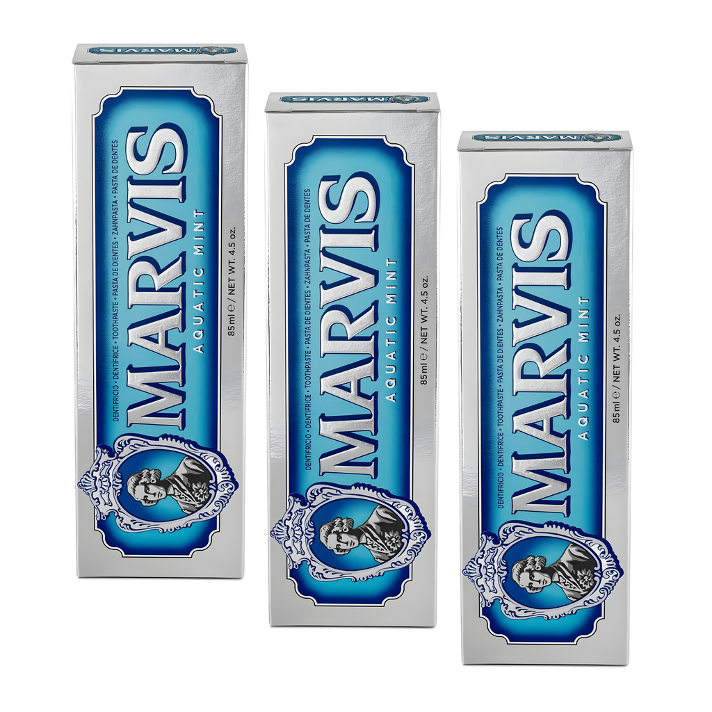 Marvis ( 3 UNIDADES ) Pasta de dientes Menta Acuática 85 ml para prevención de caries, con flúor y xilitol, fórmula vegana concentrada sin conservantes, frescor polar intenso