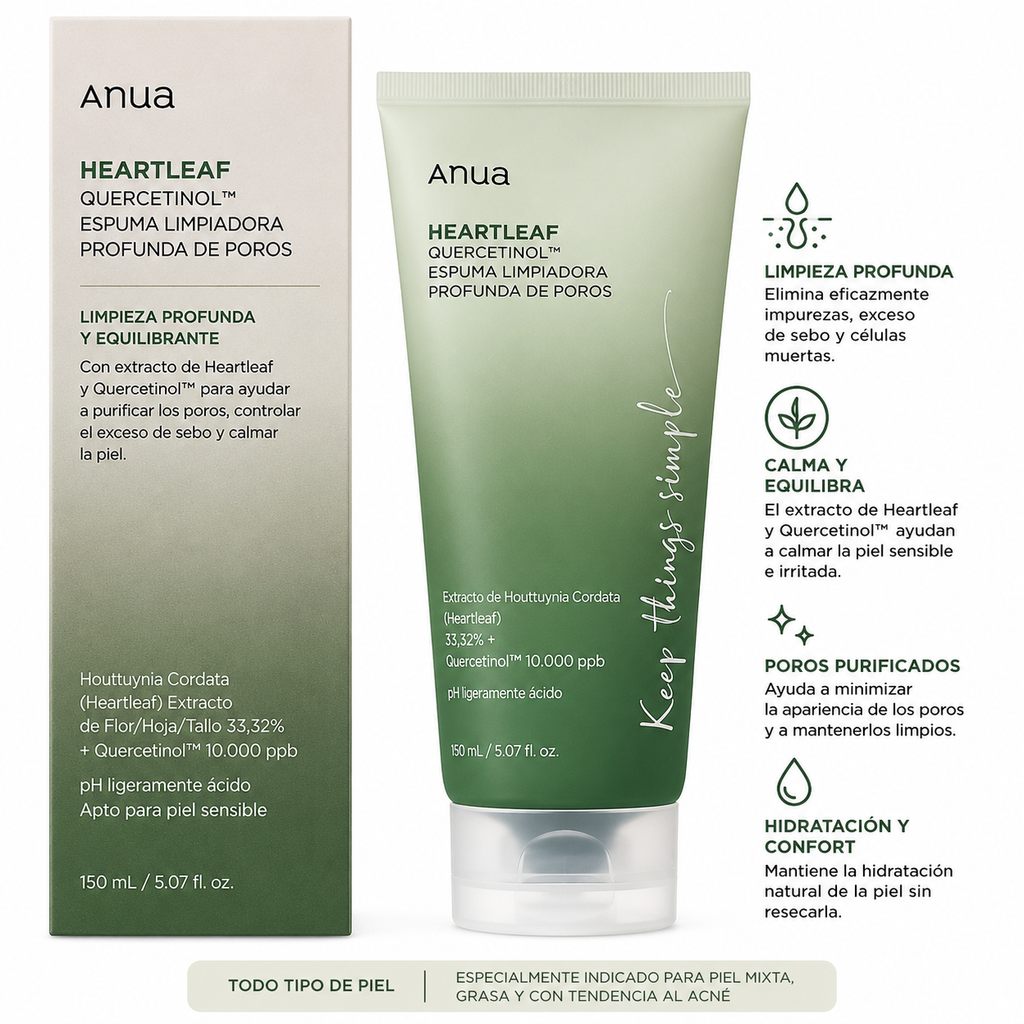 Anua - Espuma limpiadora facial Heartleaf Quercetinol Pore Deep Cleansing Foam 150 m