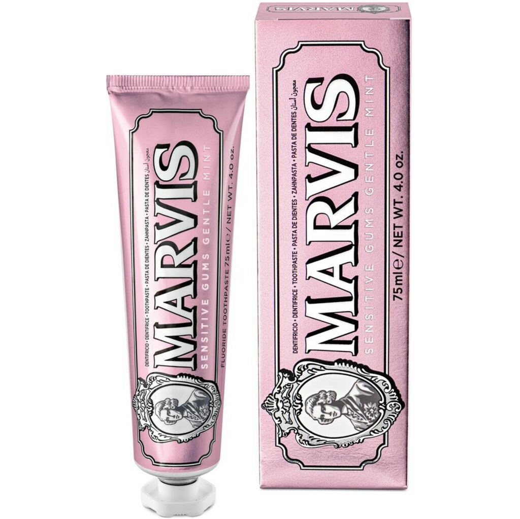 Marvis - Pasta de dientes Sensitive 75 ml con ácido hialurónico y prebióticos para encías sensibles, frescura acuática de hierbabuena y menta, fórmula vegana sin conservantes ni daño al esmalte