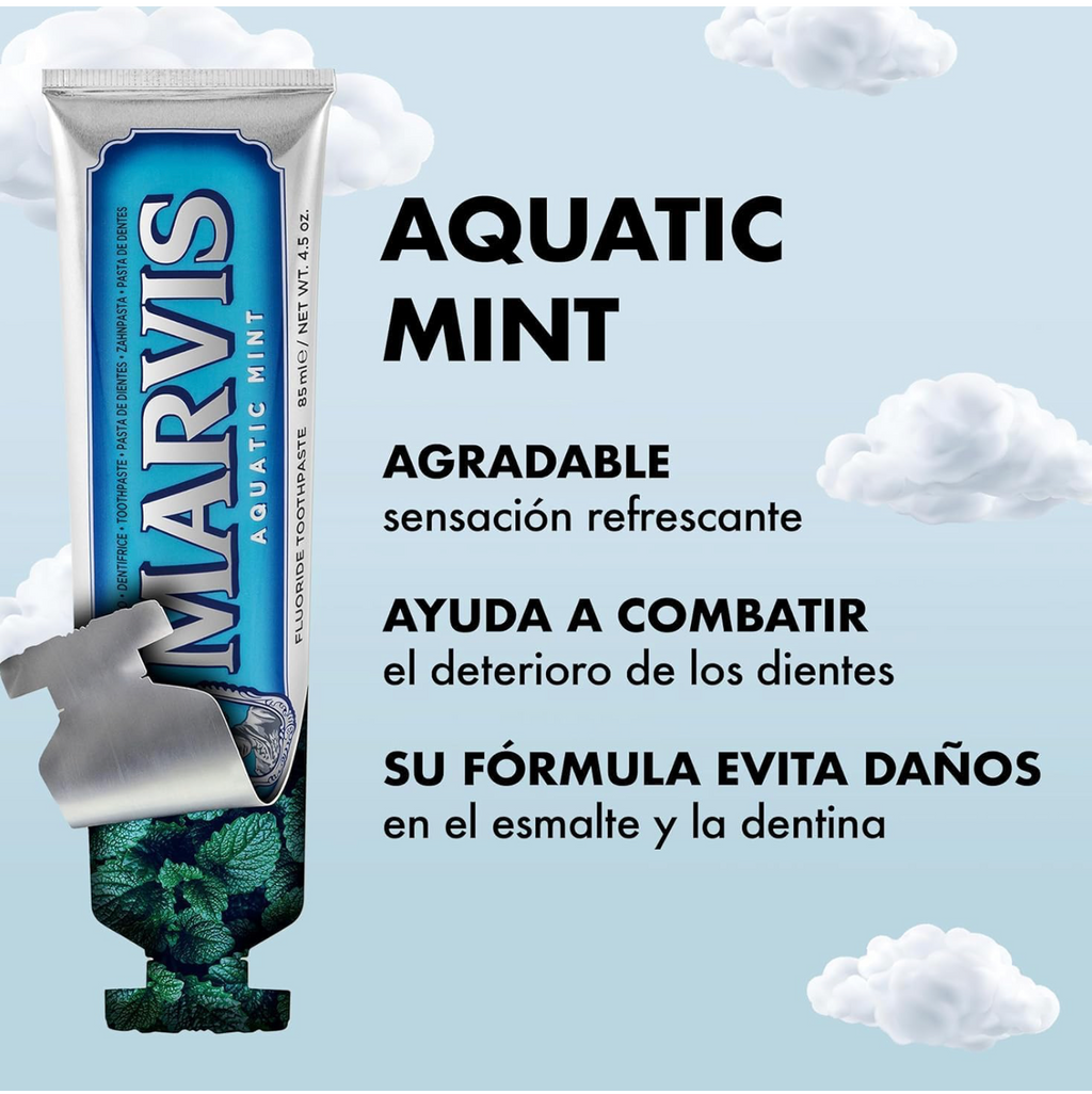 Marvis ( 3 UNIDADES ) Pasta de dientes Menta Acuática 85 ml para prevención de caries, con flúor y xilitol, fórmula vegana concentrada sin conservantes, frescor polar intenso