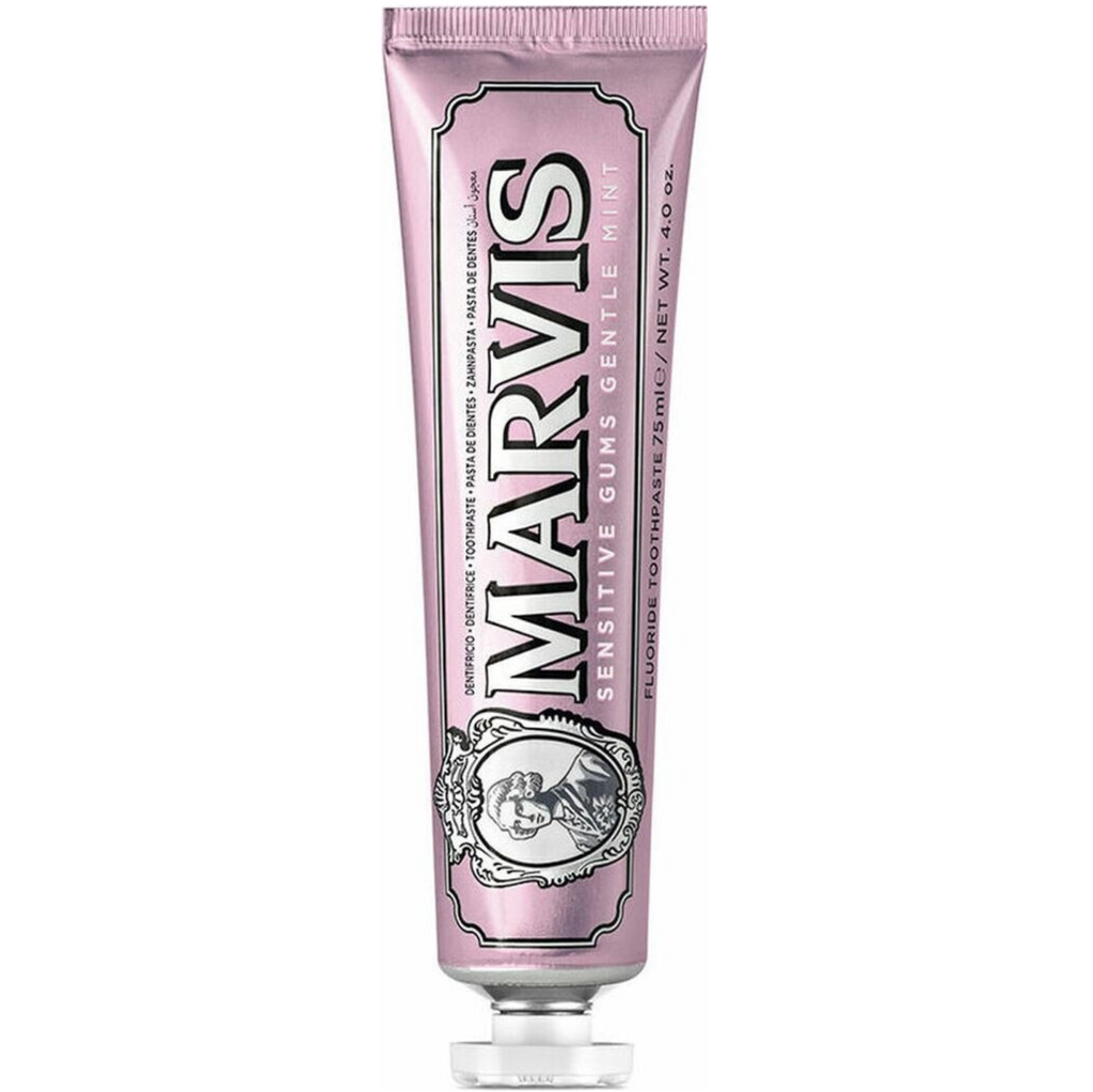 Marvis - Pasta de dientes Sensitive 75 ml con ácido hialurónico y prebióticos para encías sensibles, frescura acuática de hierbabuena y menta, fórmula vegana sin conservantes ni daño al esmalte